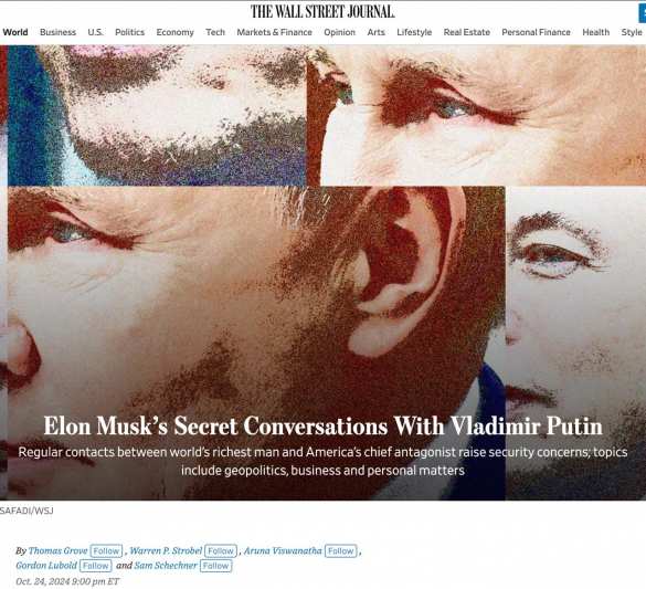 Маск с конца 2022 года регулярно общается с Путиным — WSJ  | Русская весна